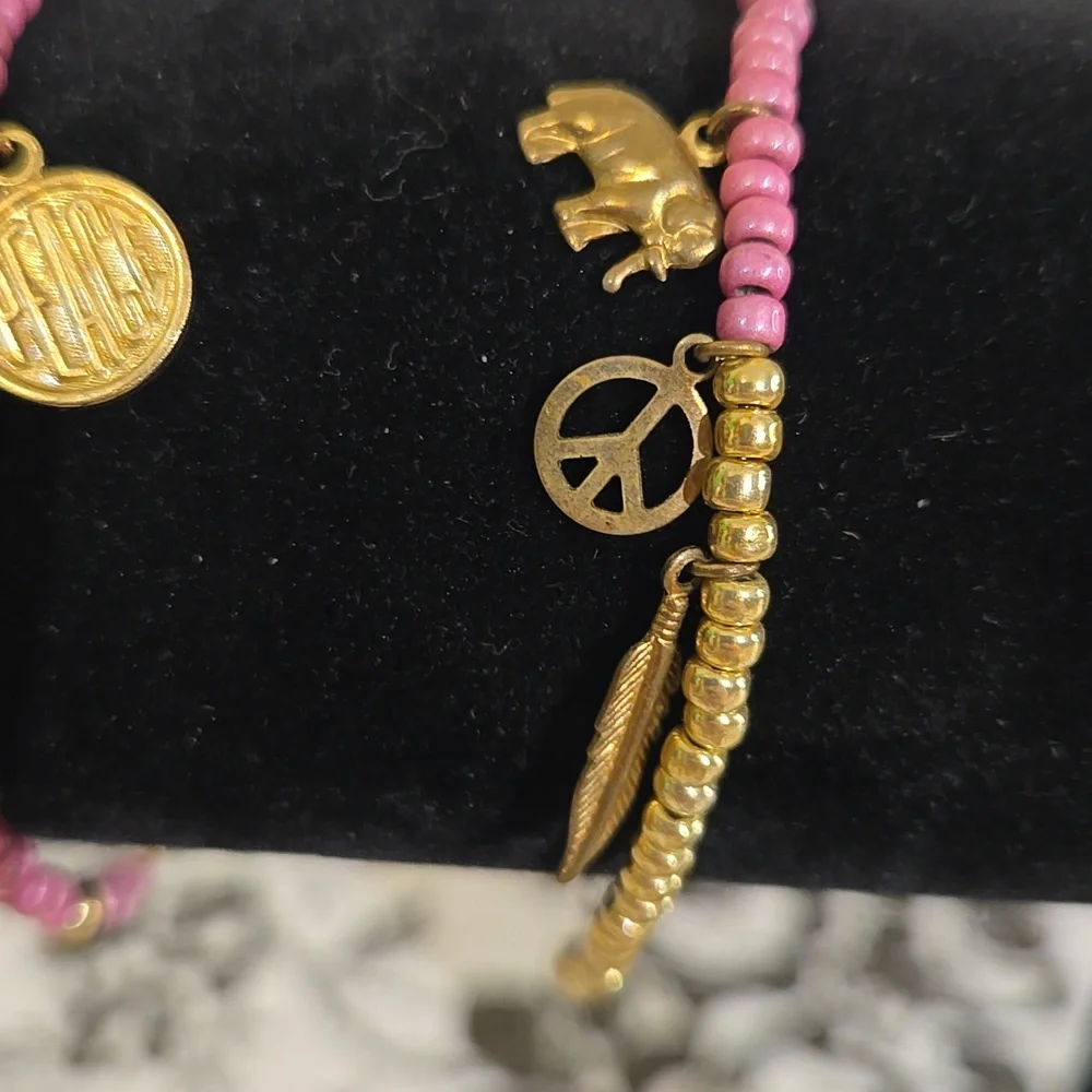 Pink and Gold Beaded Charm Bracelet Set Wg5 - Picture 4 of 7